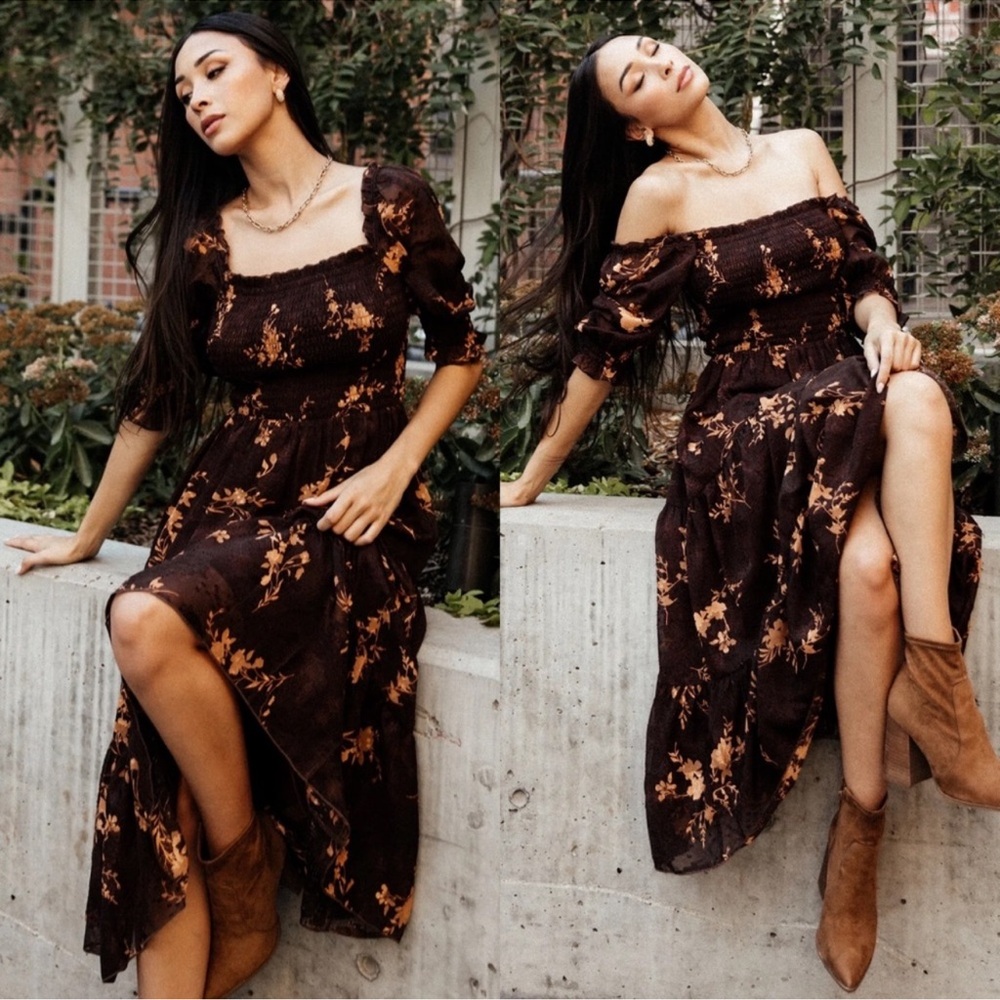 Baltic Born Fabian Jacquard Midi Dress Mahogany Floral